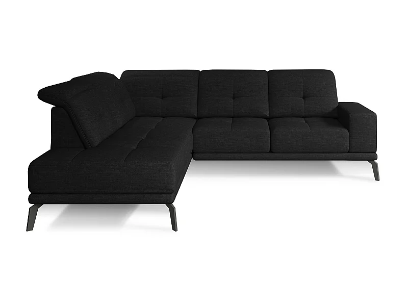 Canapé d'angle gauche design matelassé tissu noir et pied noir Kazane 275cm