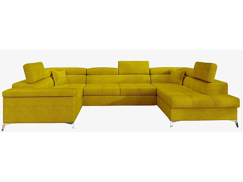 Canapé panoramique convertible tissu vert moutarde avec coffre de rangement Triano 342cm-Coffre de rangement à droite