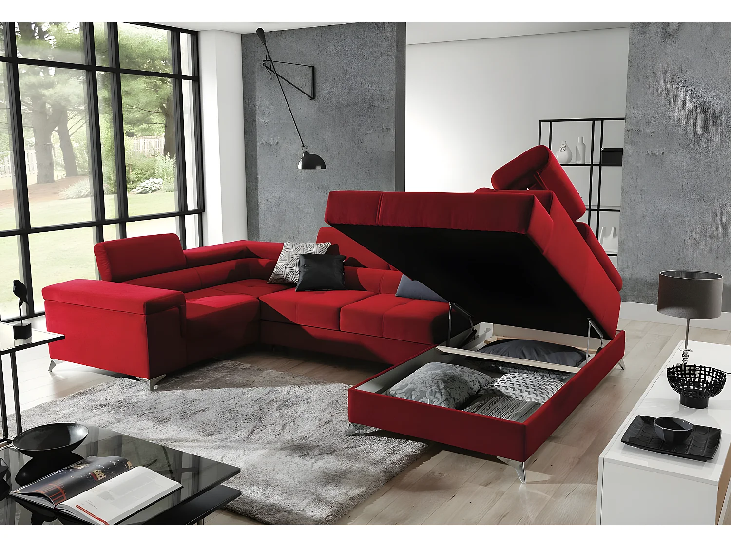 Canapé panoramique convertible tissu vert moutarde avec coffre de rangement Triano 342cm-Coffre de rangement à droite