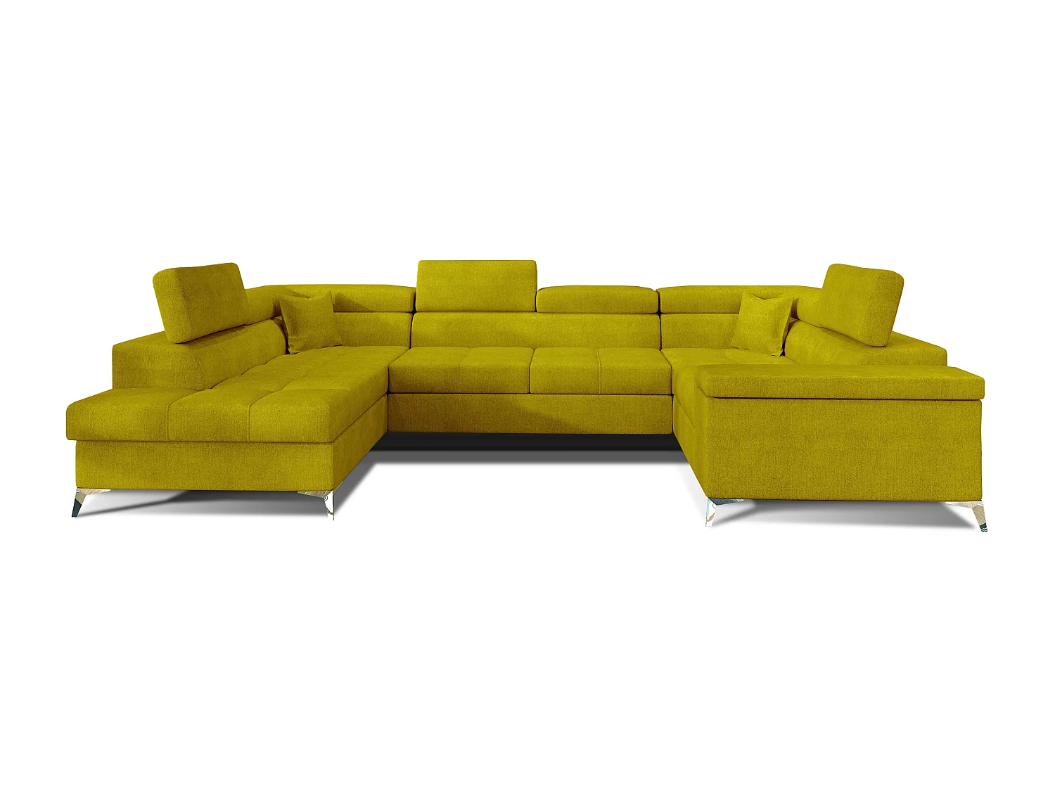 Canapé panoramique convertible tissu vert moutarde avec coffre de rangement Triano 342cm-Coffre de rangement à droite