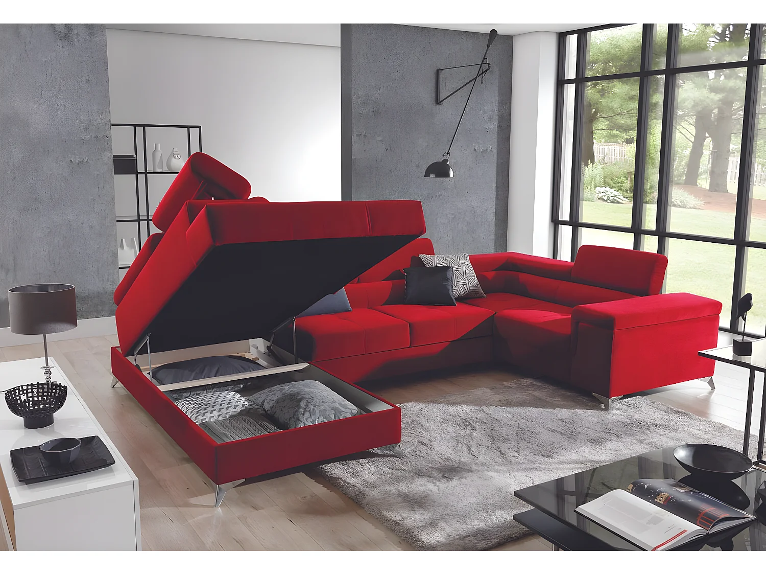 Canapé panoramique convertible tissu vert moutarde avec coffre de rangement Triano 342cm-Coffre de rangement à droite