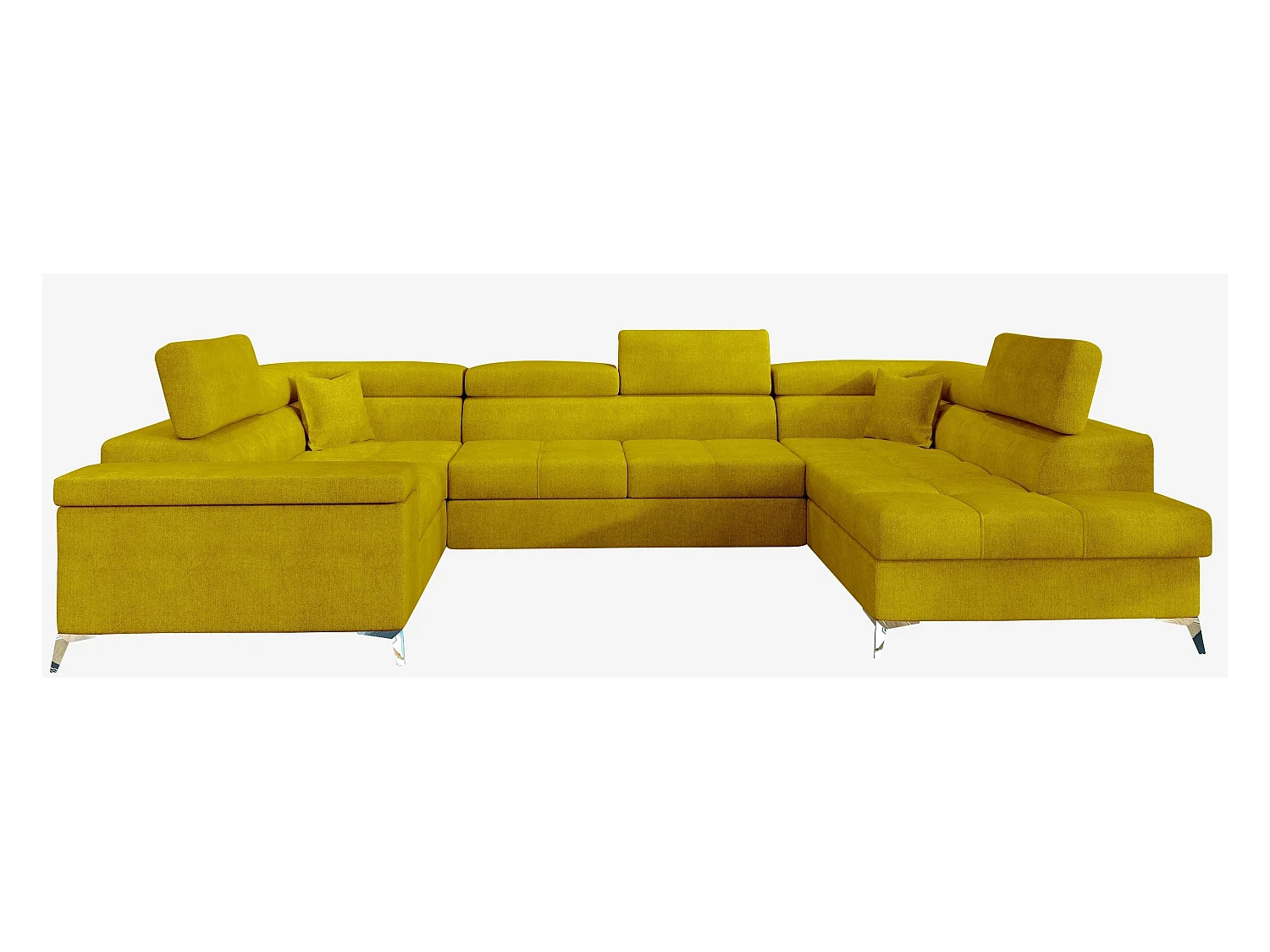 Canapé panoramique convertible tissu vert moutarde avec coffre de rangement Triano 342cm-Coffre de rangement à droite