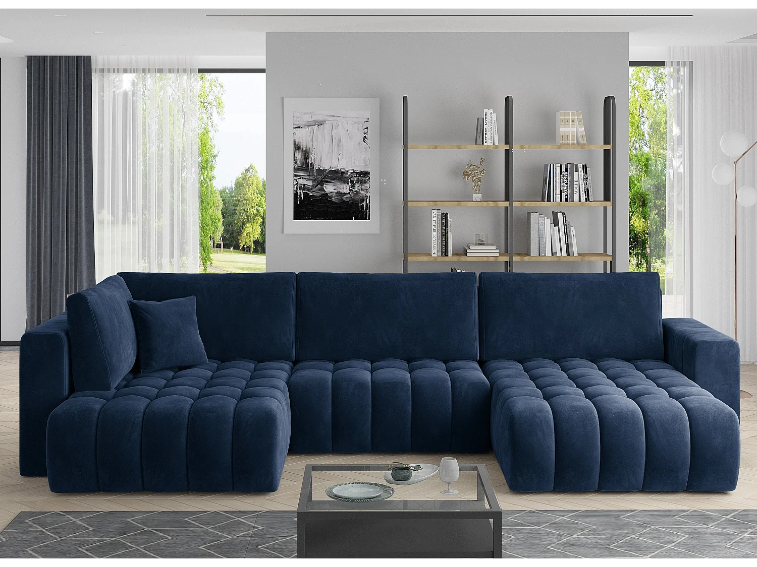Canapé panoramique convertible design capitonné tissu doux bleu foncé méridienne droite Boston 350cm