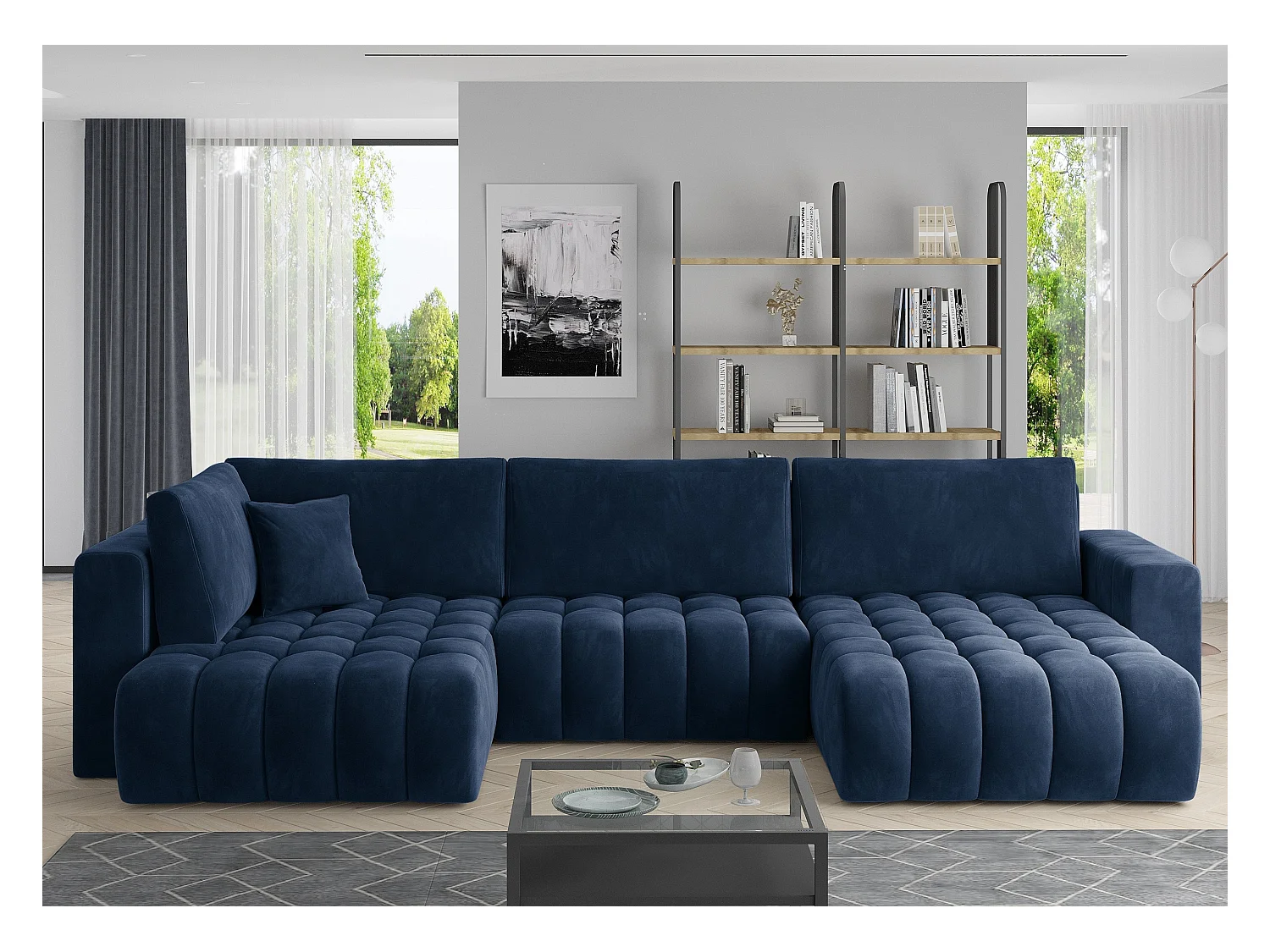 Canapé panoramique convertible design capitonné tissu doux bleu foncé méridienne droite Boston 350cm