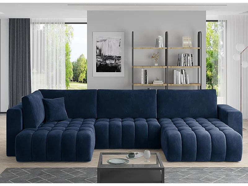 Panoramische converteerbare designbank gecapitonneerd zachte donkerblauwe stof rechts chaise longue Boston 350 cm