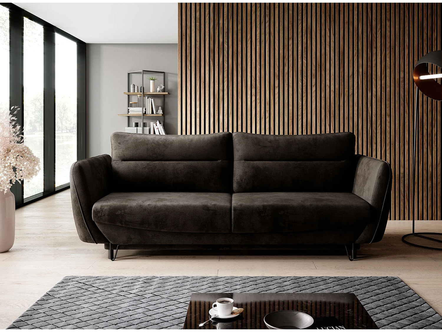 Canapé droit convertible velours ZURIK - Coffre de rangement et pieds métal noir-Marron foncé