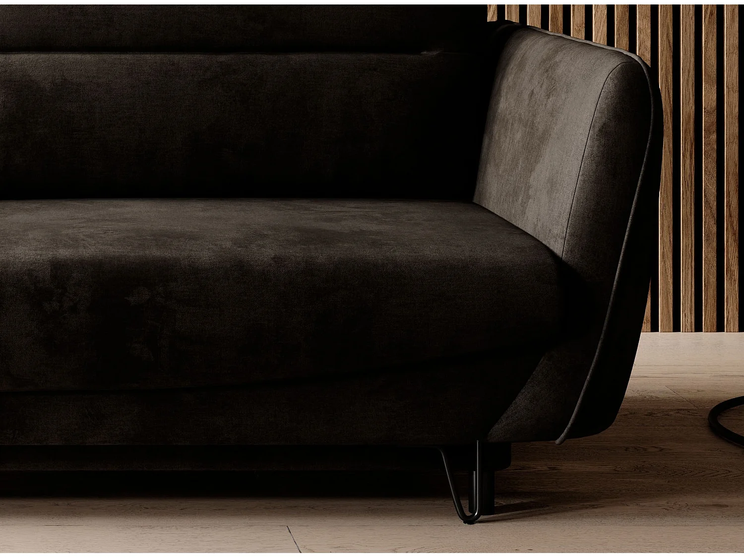 Canapé droit convertible velours ZURIK - Coffre de rangement et pieds métal noir-Marron foncé