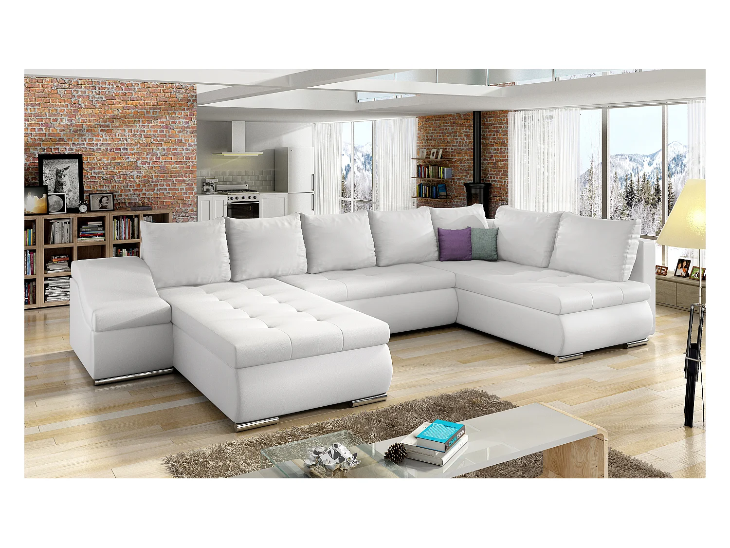 Canapé panoramique convertible simili cuir blanc Jonaz 340cm-Méridienne A gauche