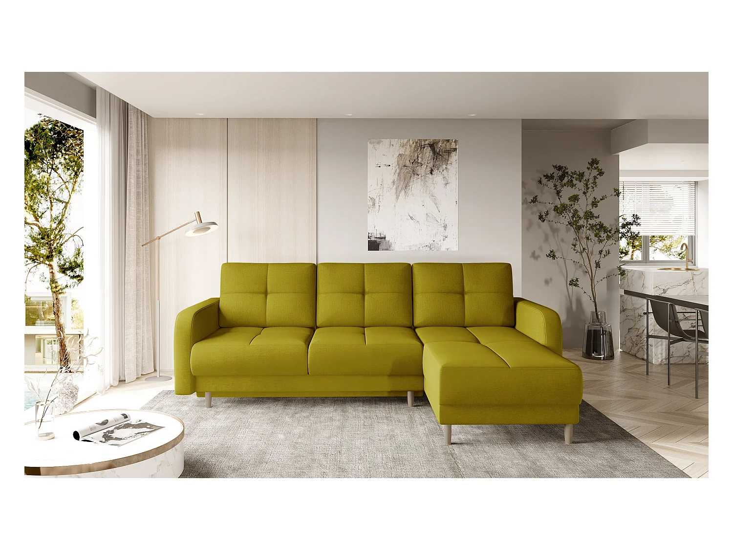 Canapé d'angle convertible et réversible tissu KINDO - Pieds bois clair-Jaune olive