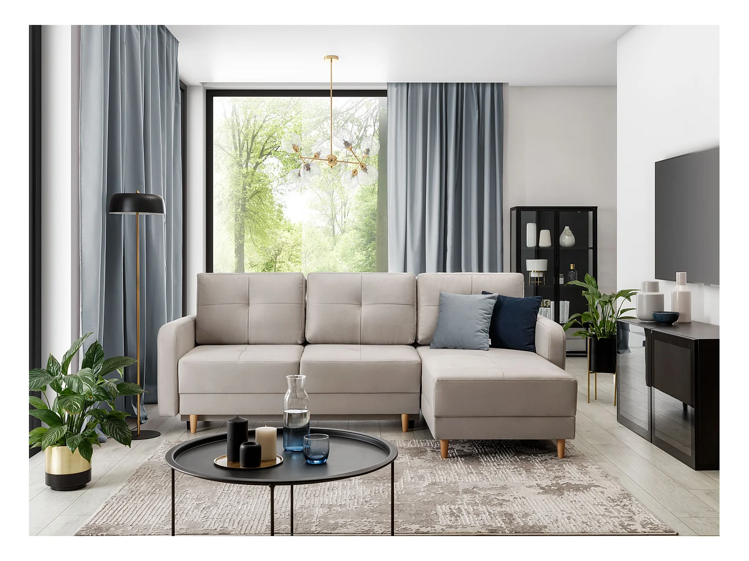 Canapé d'angle convertible et réversible tissu KINDO - Pieds bois clair-Jaune olive