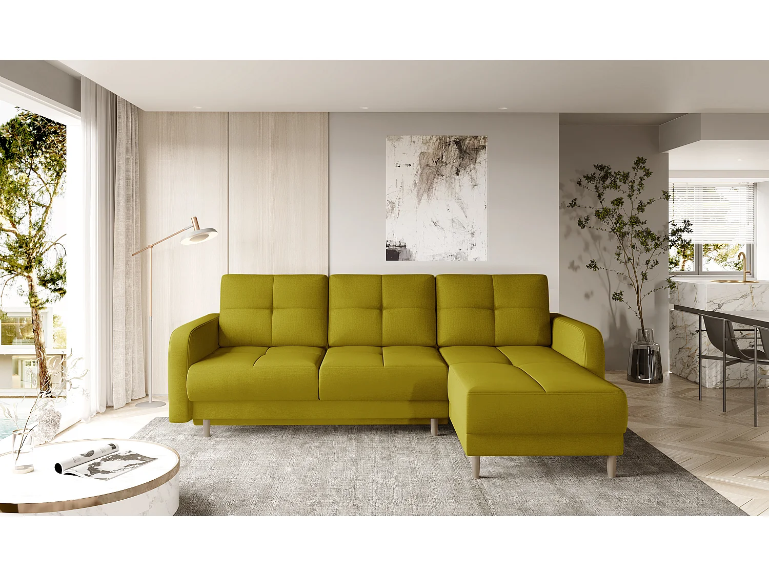 Canapé d'angle convertible et réversible tissu KINDO - Pieds bois clair-Jaune olive