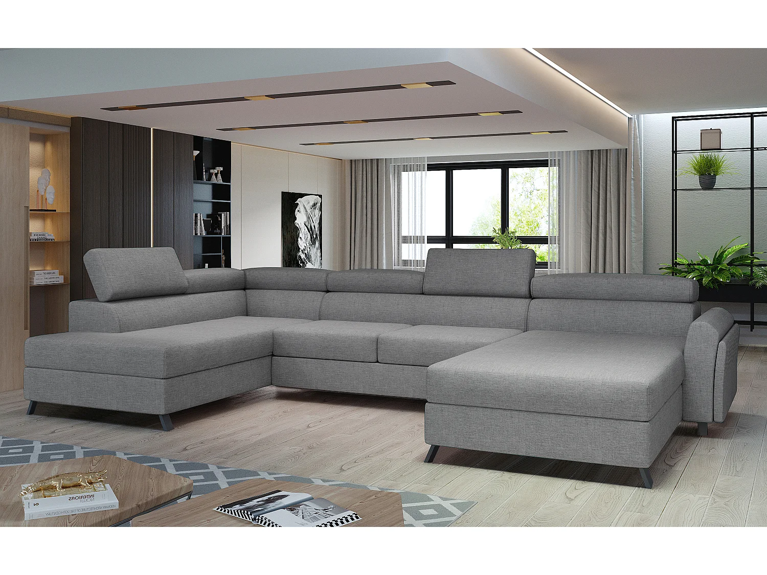 Grand canapé panoramique convertible tissu gris clair avec coffre Konba 370cm-Coffre de rangement à gauche