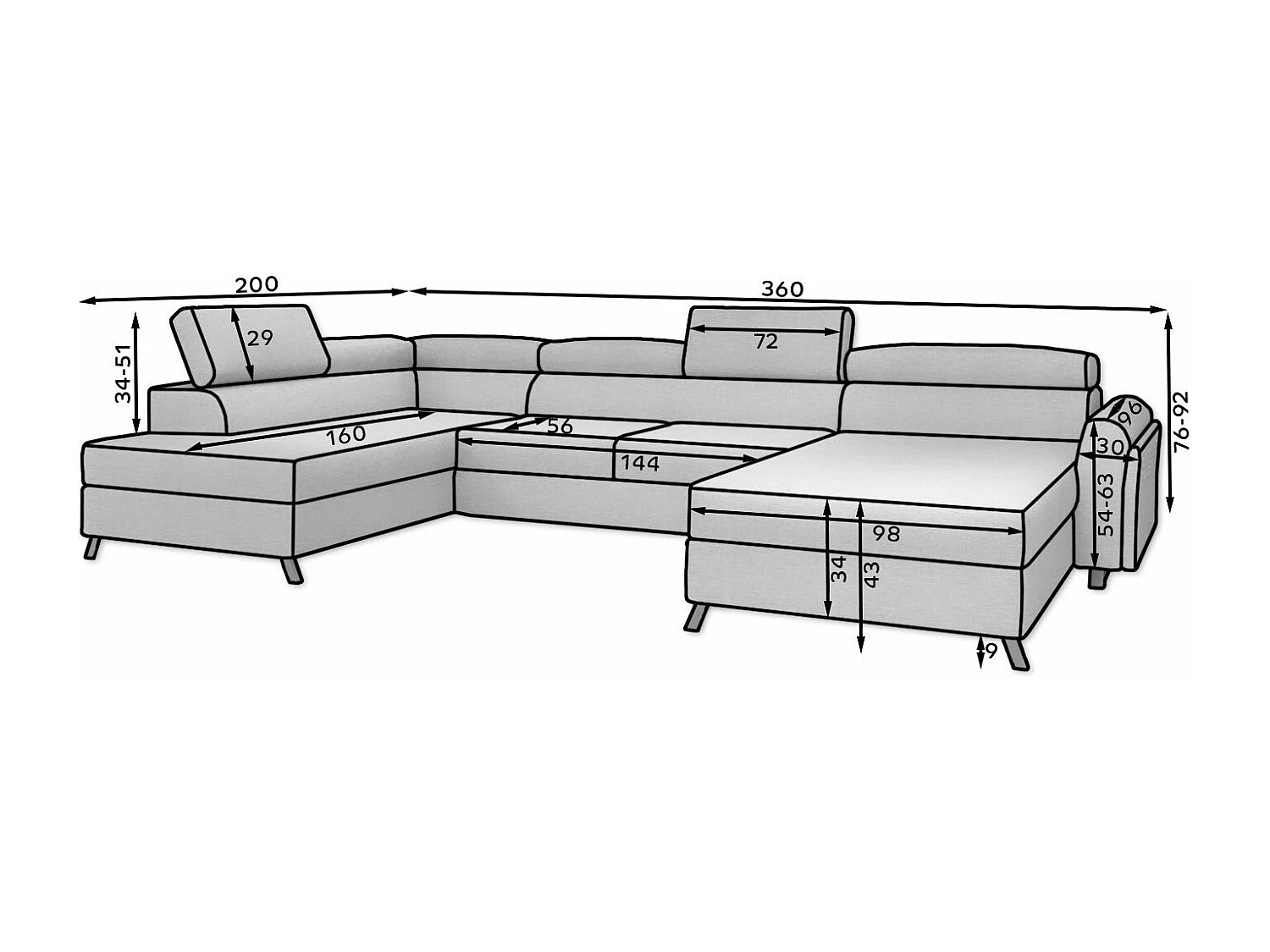 Grand canapé panoramique convertible tissu gris clair avec coffre Konba 370cm-Coffre de rangement à gauche