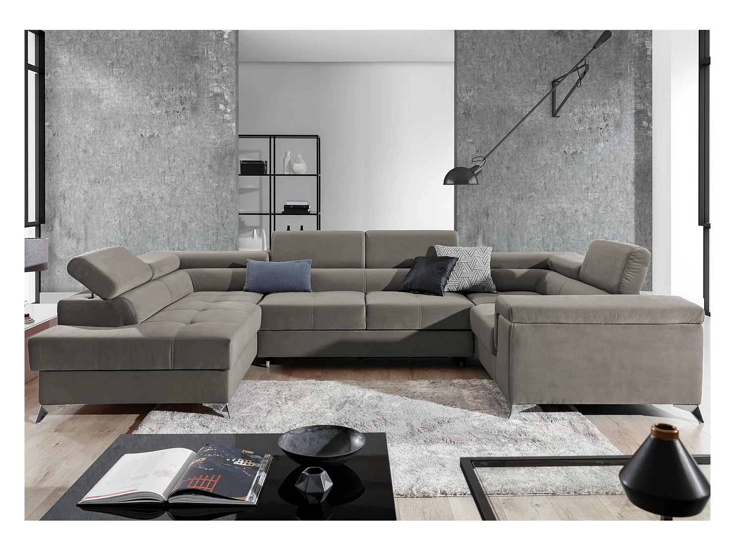 Canapé panoramique convertible velours beige taupe avec coffre de rangement Triano 342cm-Coffre de rangement à gauche