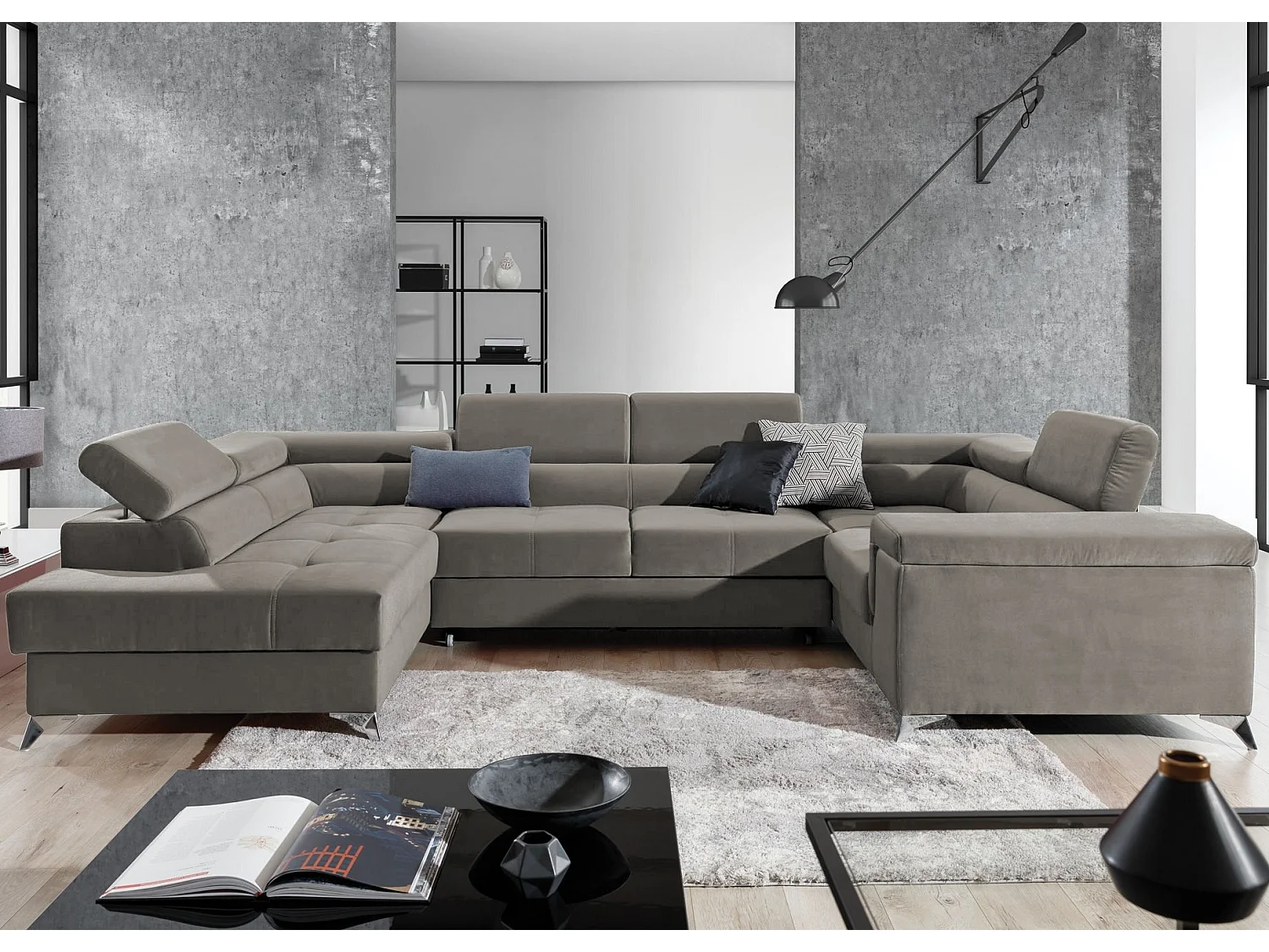 Canapé panoramique convertible velours beige taupe avec coffre de rangement Triano 342cm-Coffre de rangement à gauche