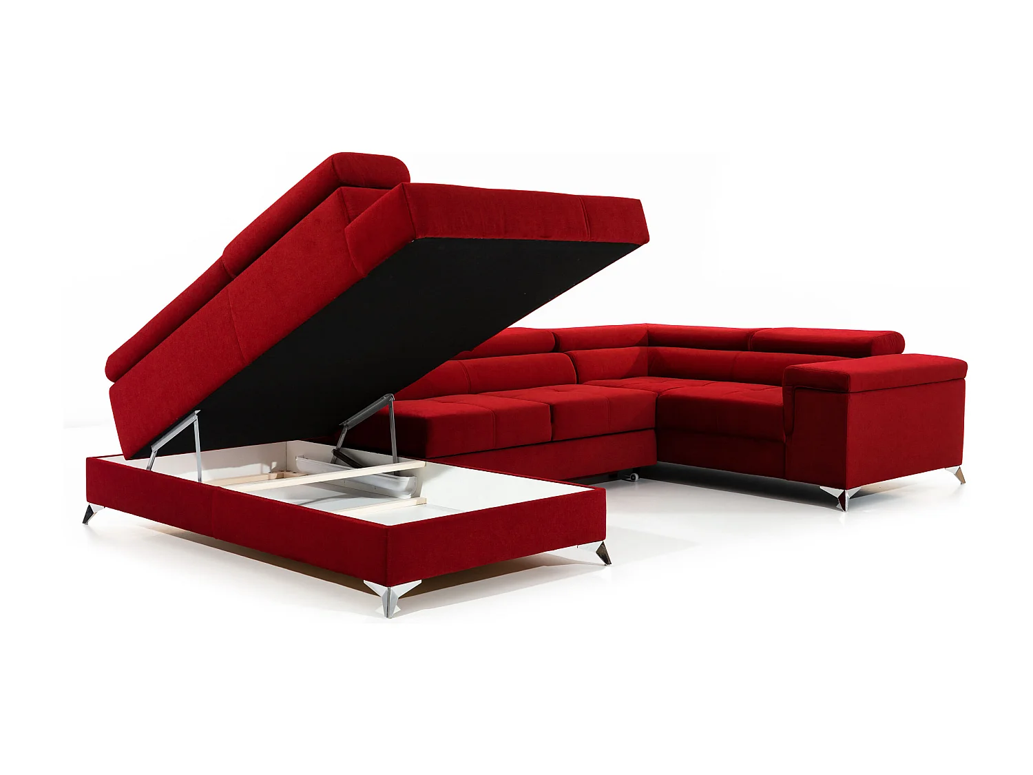 Canapé panoramique convertible TRIANO velours - têtières réglables-Beige foncé-Coffre à gauche