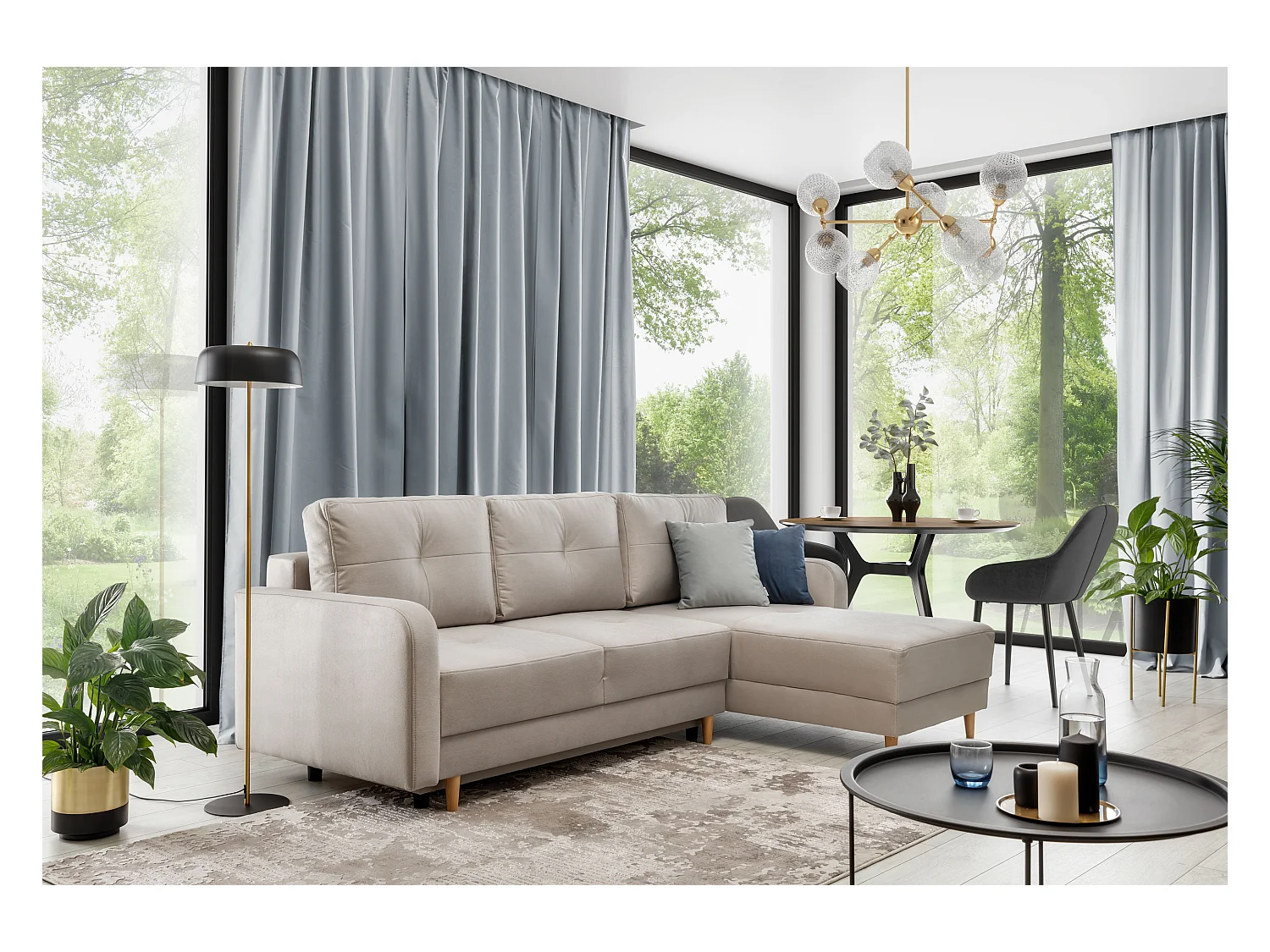 Sofá esquinero convertible y reversible de tela KINDO - Patas de madera clara-Color Beige oscuro