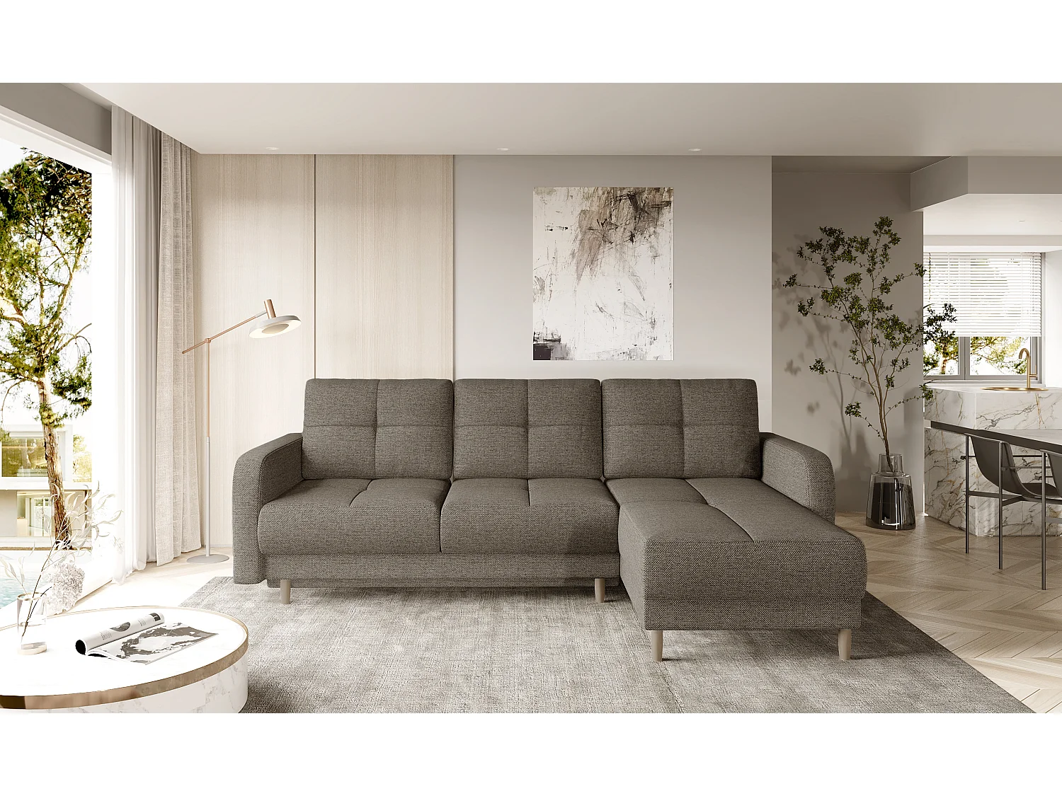 Scandinavische omkeerbare hoekbank donkerbeige stof en lichthouten poten Kindo 240 cm