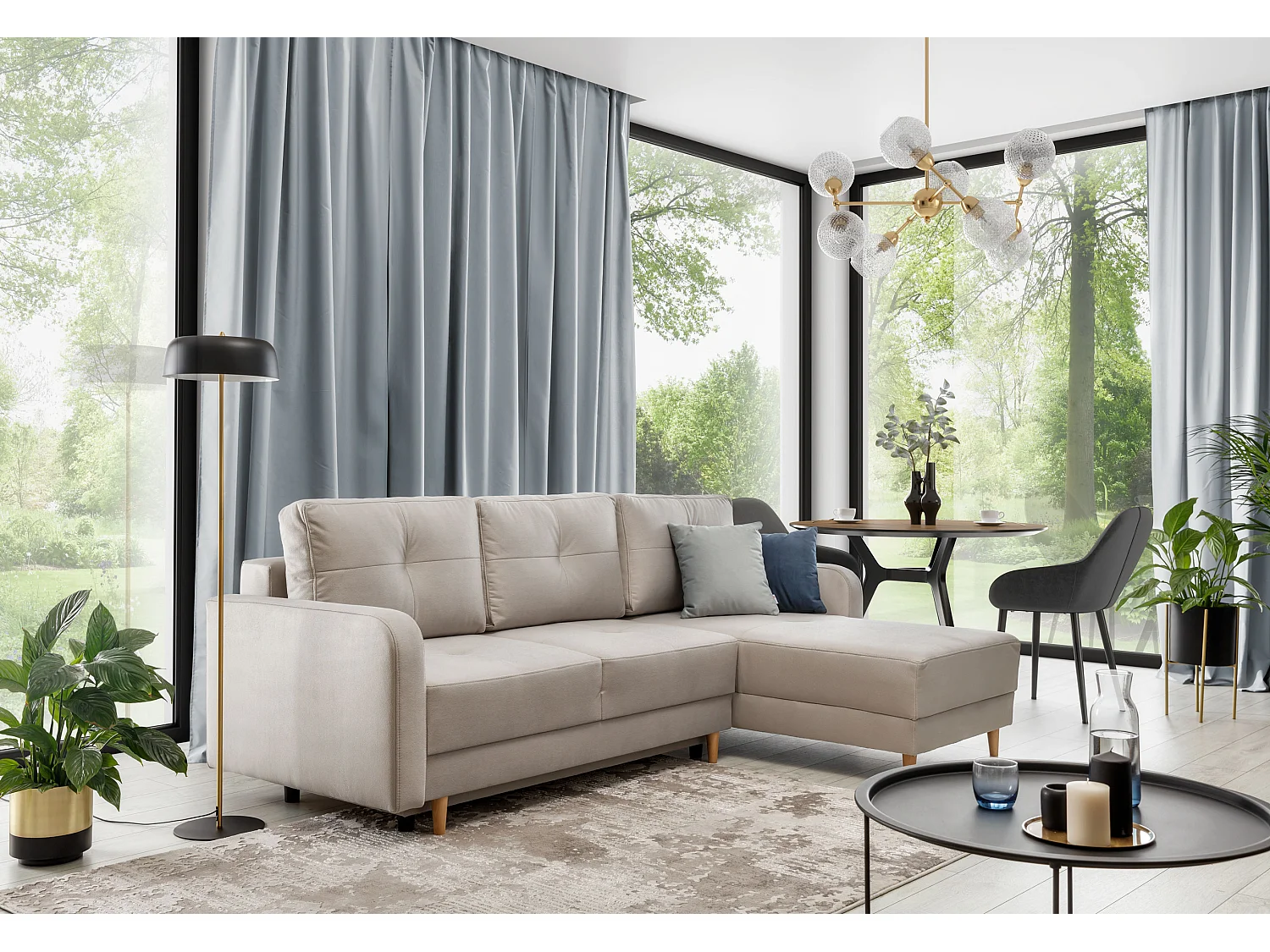 Scandinavische omkeerbare hoekbank donkerbeige stof en lichthouten poten Kindo 240 cm