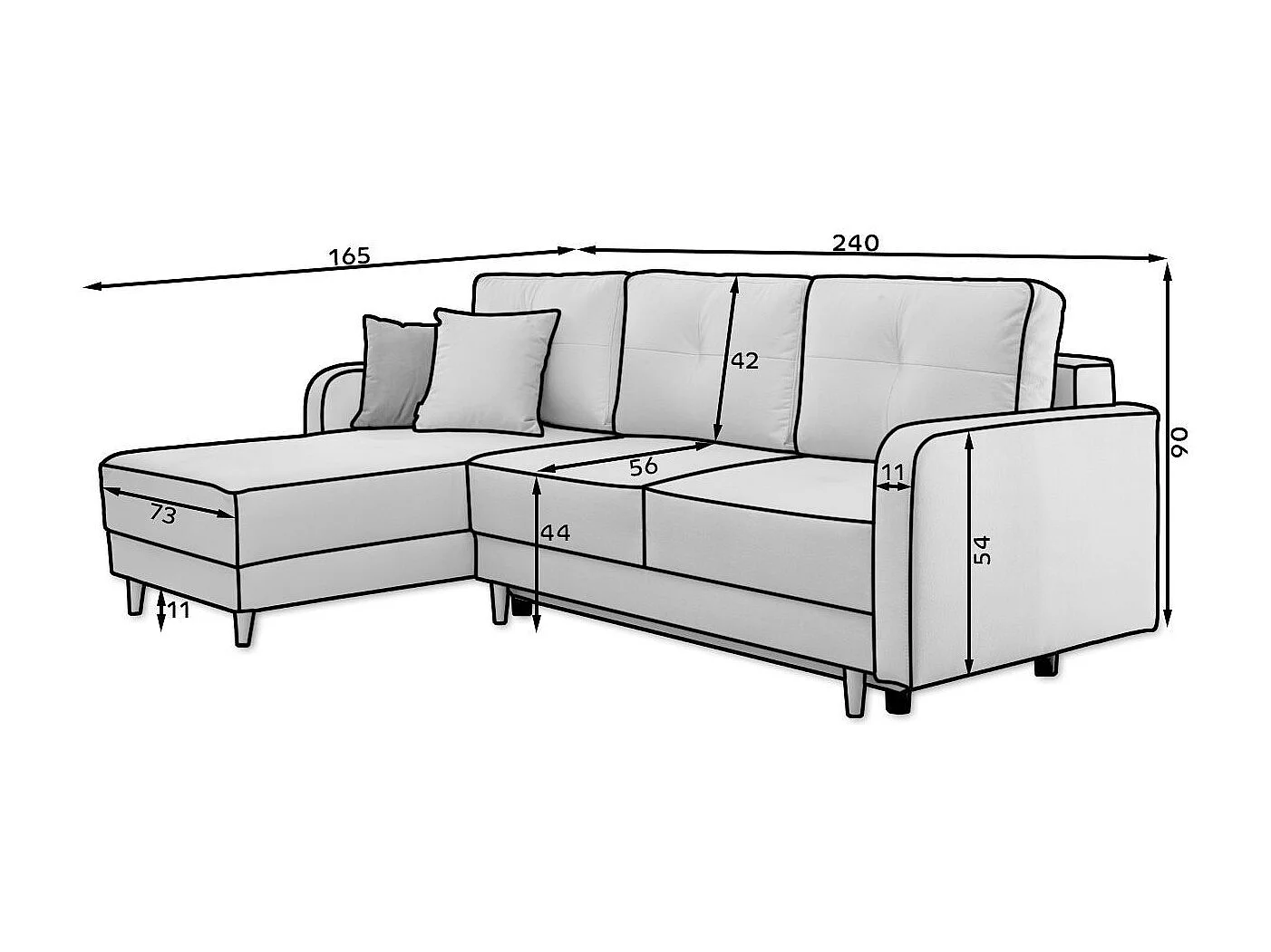 Scandinavische omkeerbare hoekbank donkerbeige stof en lichthouten poten Kindo 240 cm