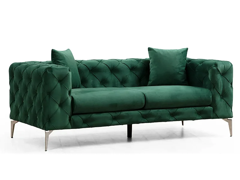 Canapé 2 places capitonné velours vert et pieds chromés Herakles 197cm