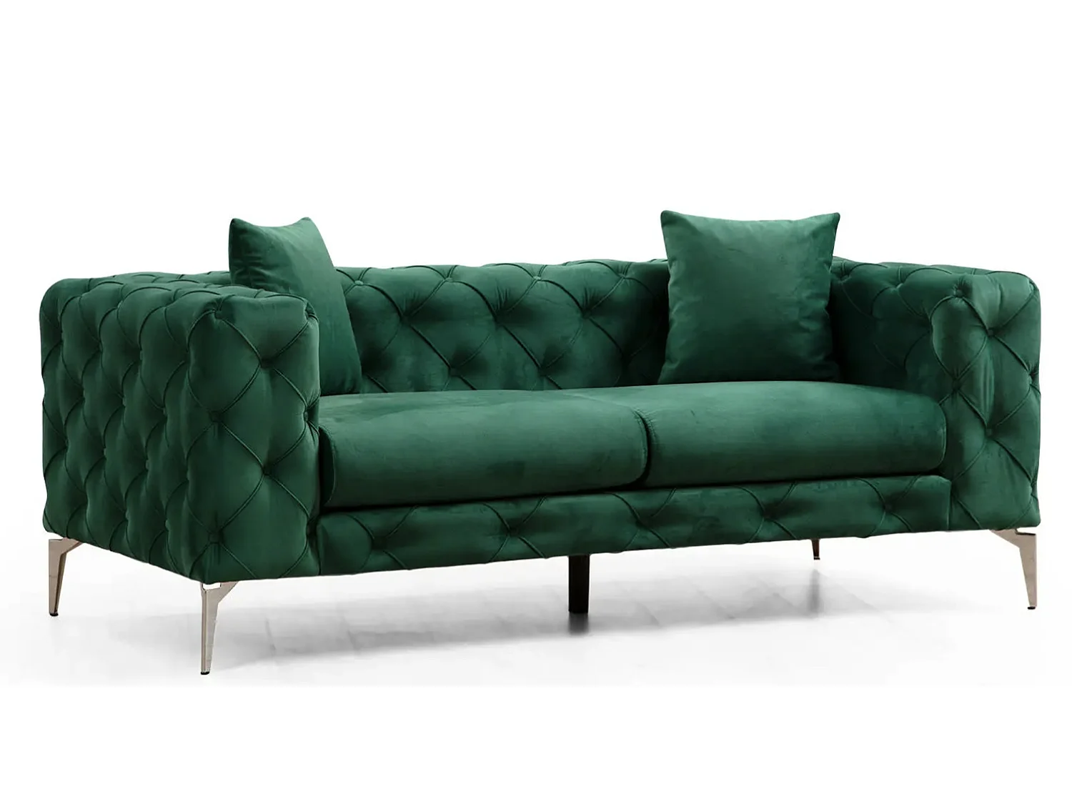 Canapé 2 places capitonné velours vert et pieds chromés Herakles 197cm
