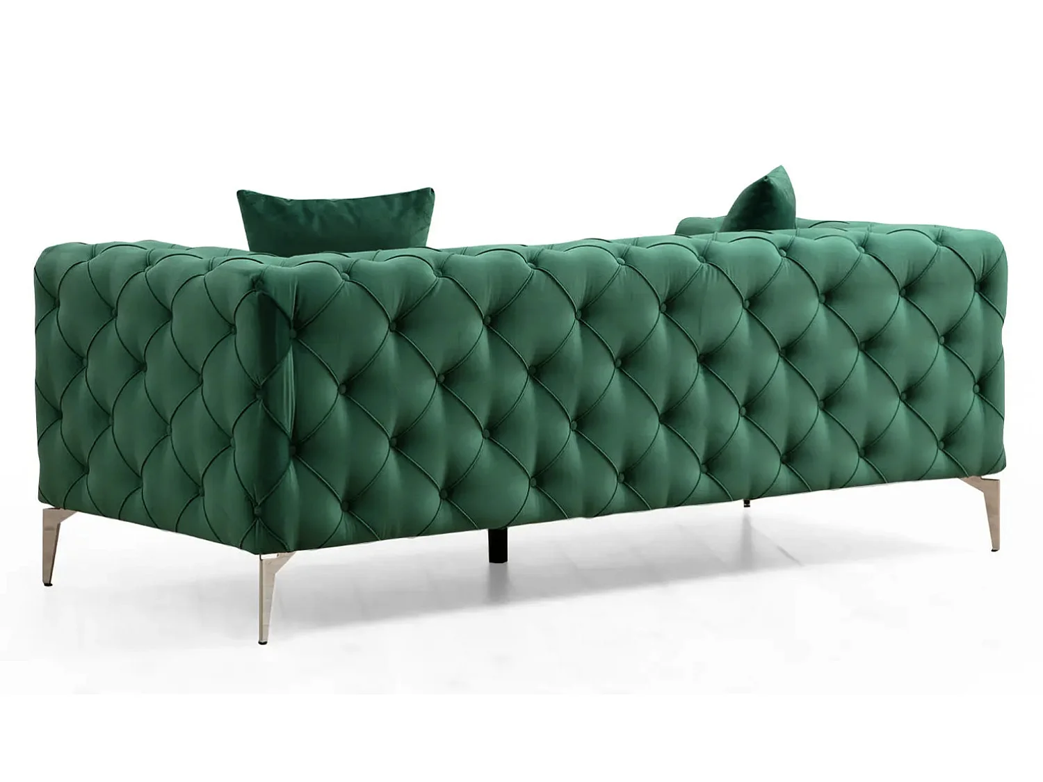 Canapé 2 places capitonné velours vert et pieds chromés Herakles 197cm