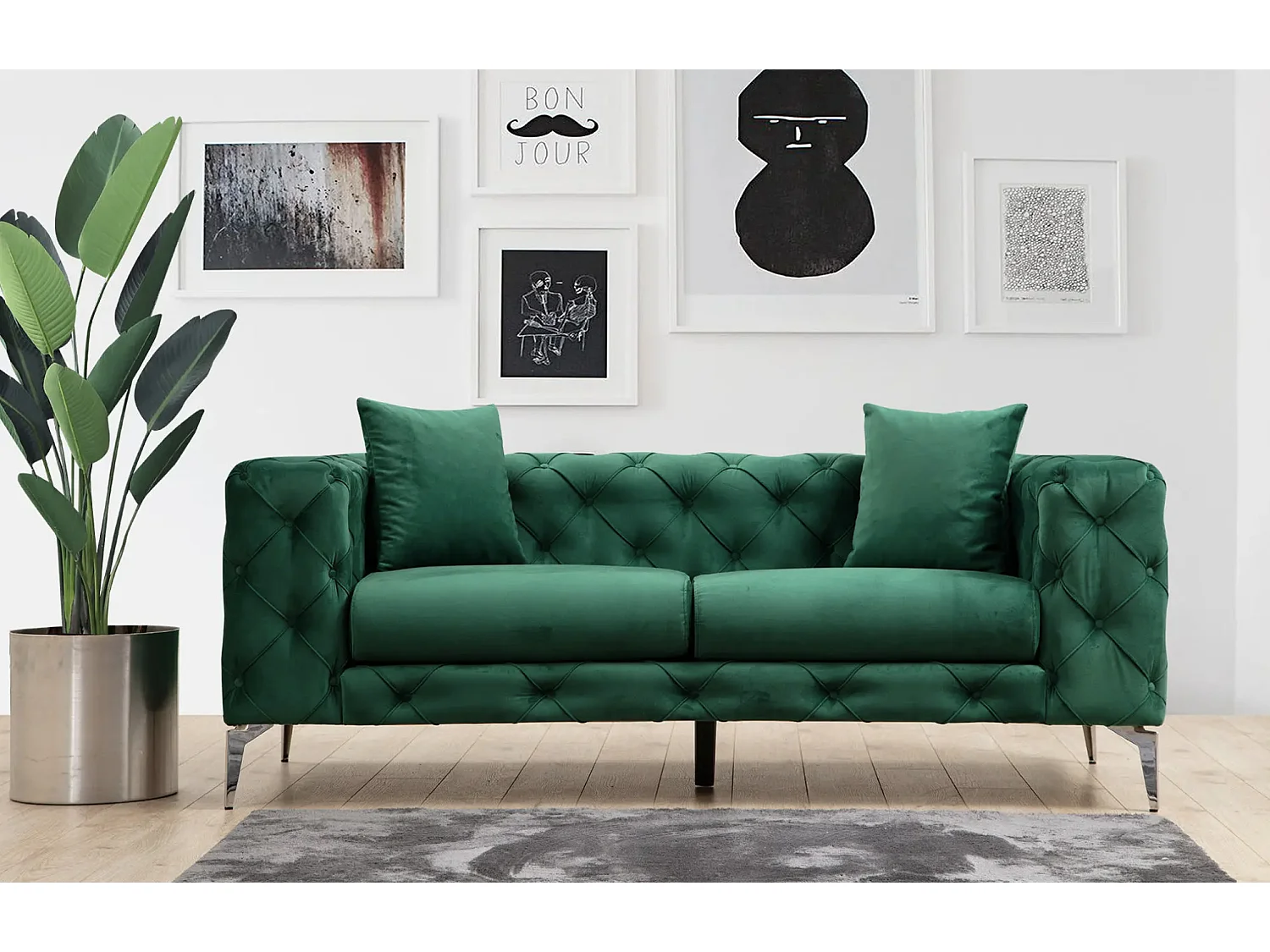 Canapé 2 places capitonné velours vert et pieds chromés Herakles 197cm