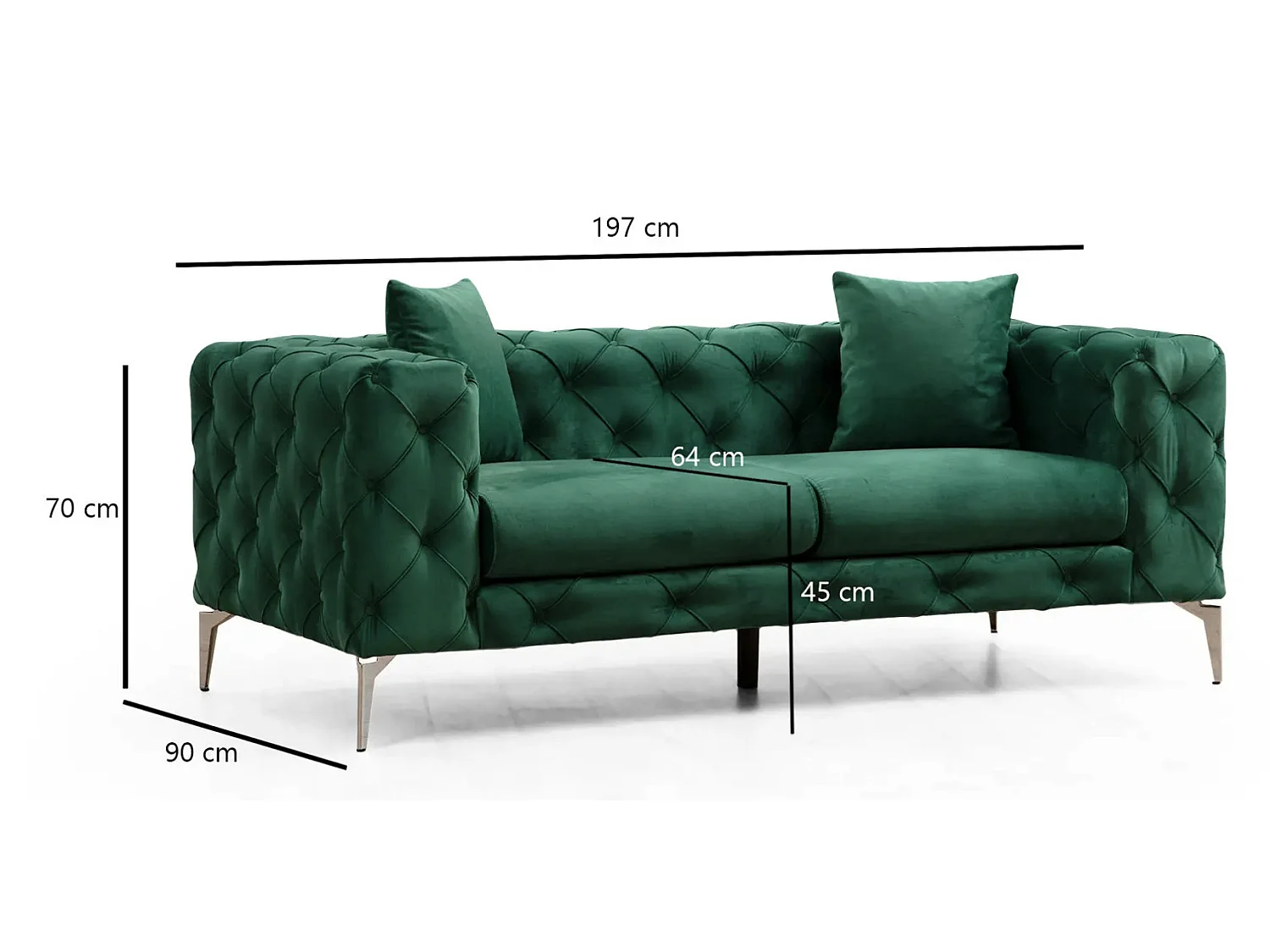 Canapé 2 places capitonné velours vert et pieds chromés Herakles 197cm