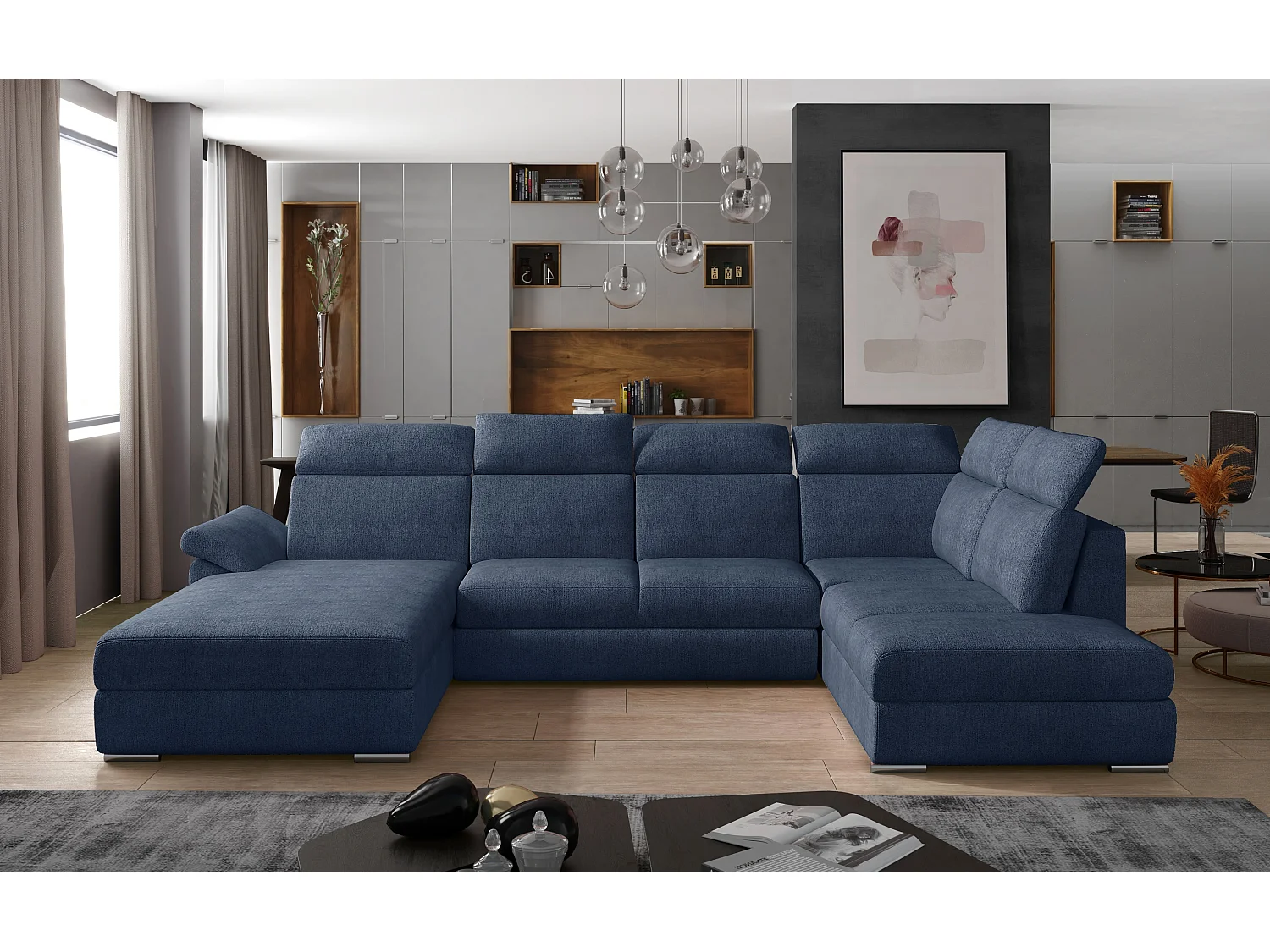 Panoramische slaapbank in denimblauwe stof, opbergdoos links, Levano 330 cm