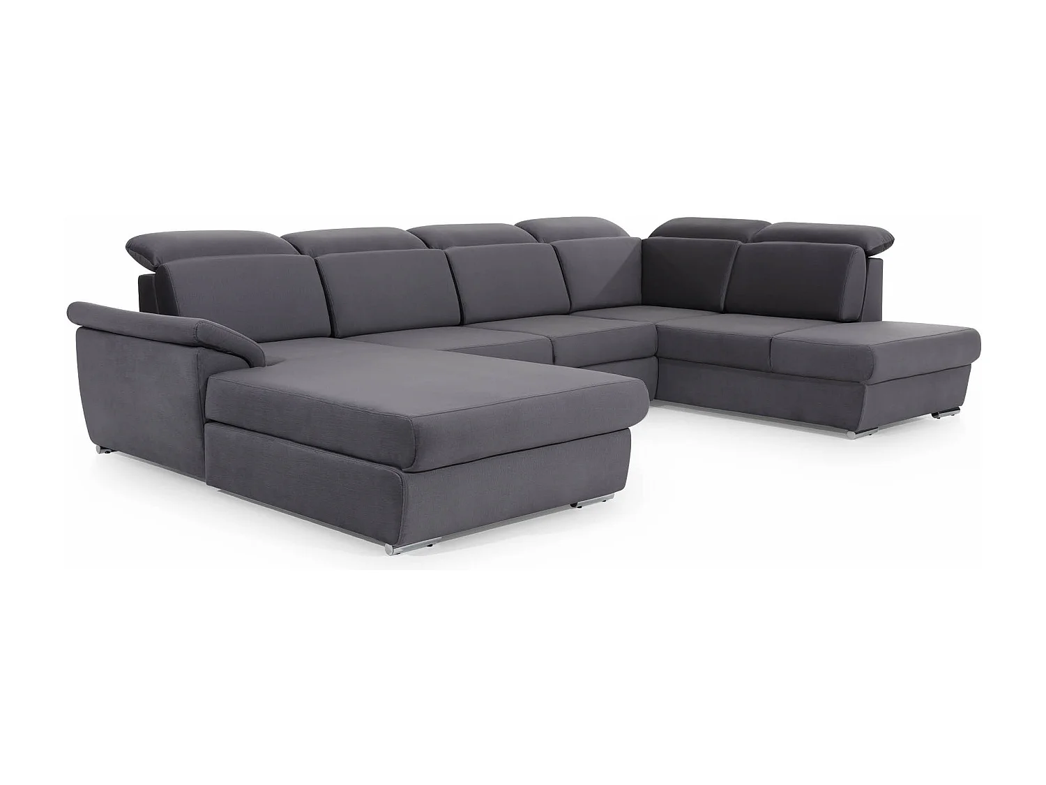 Canapé panoramique convertible tissu bleu jean coffre de rangement à gauche Levano 330cm