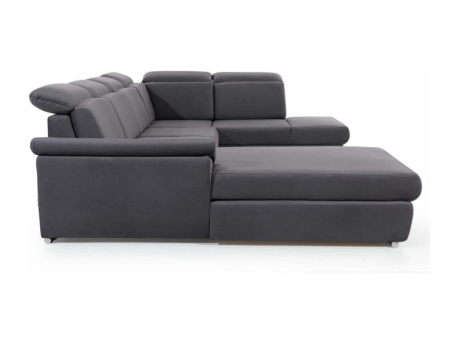 Canapé panoramique convertible tissu bleu jean coffre de rangement à gauche Levano 330cm