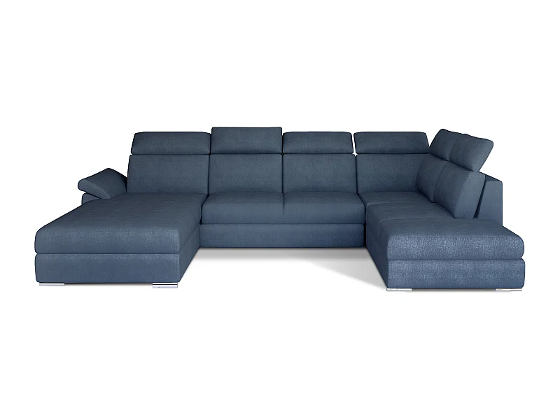 Canapé panoramique convertible tissu bleu jean coffre de rangement à gauche Levano 330cm