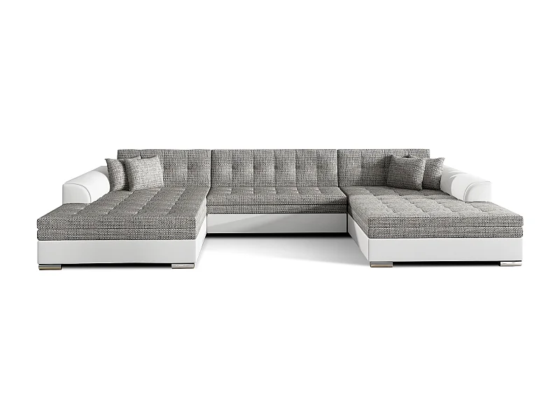 Grand canapé panoramique convertible tissu gris clair chiné et simili cuir blanc Vira 359cm