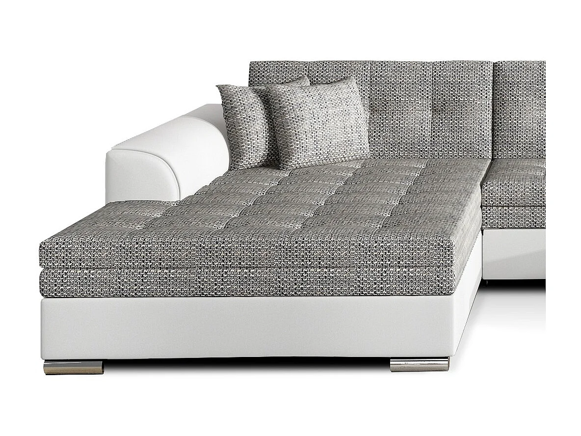 Grand canapé panoramique convertible tissu gris clair chiné et simili cuir blanc Vira 359cm