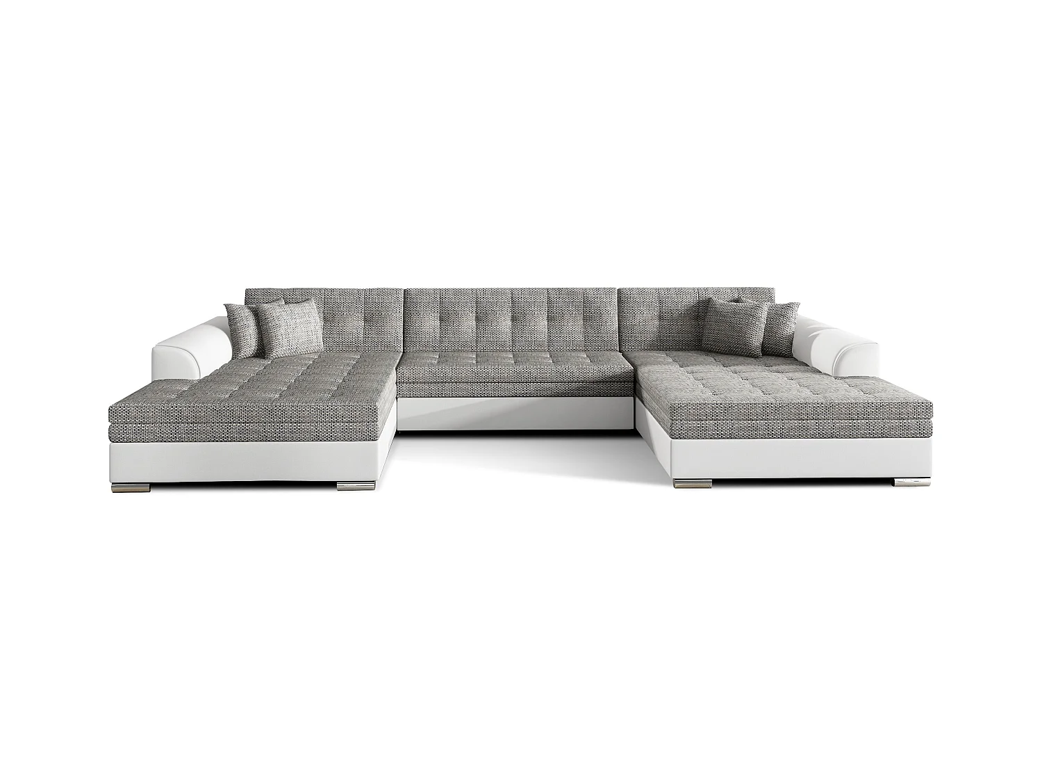 Grand canapé panoramique convertible tissu gris clair chiné et simili cuir blanc Vira 359cm