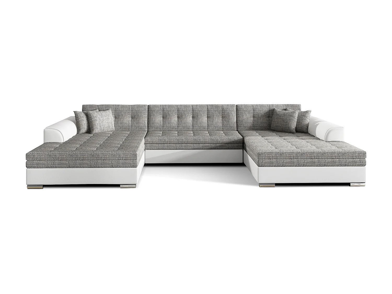 Grand canapé panoramique convertible tissu gris clair chiné et simili cuir blanc Vira 359cm