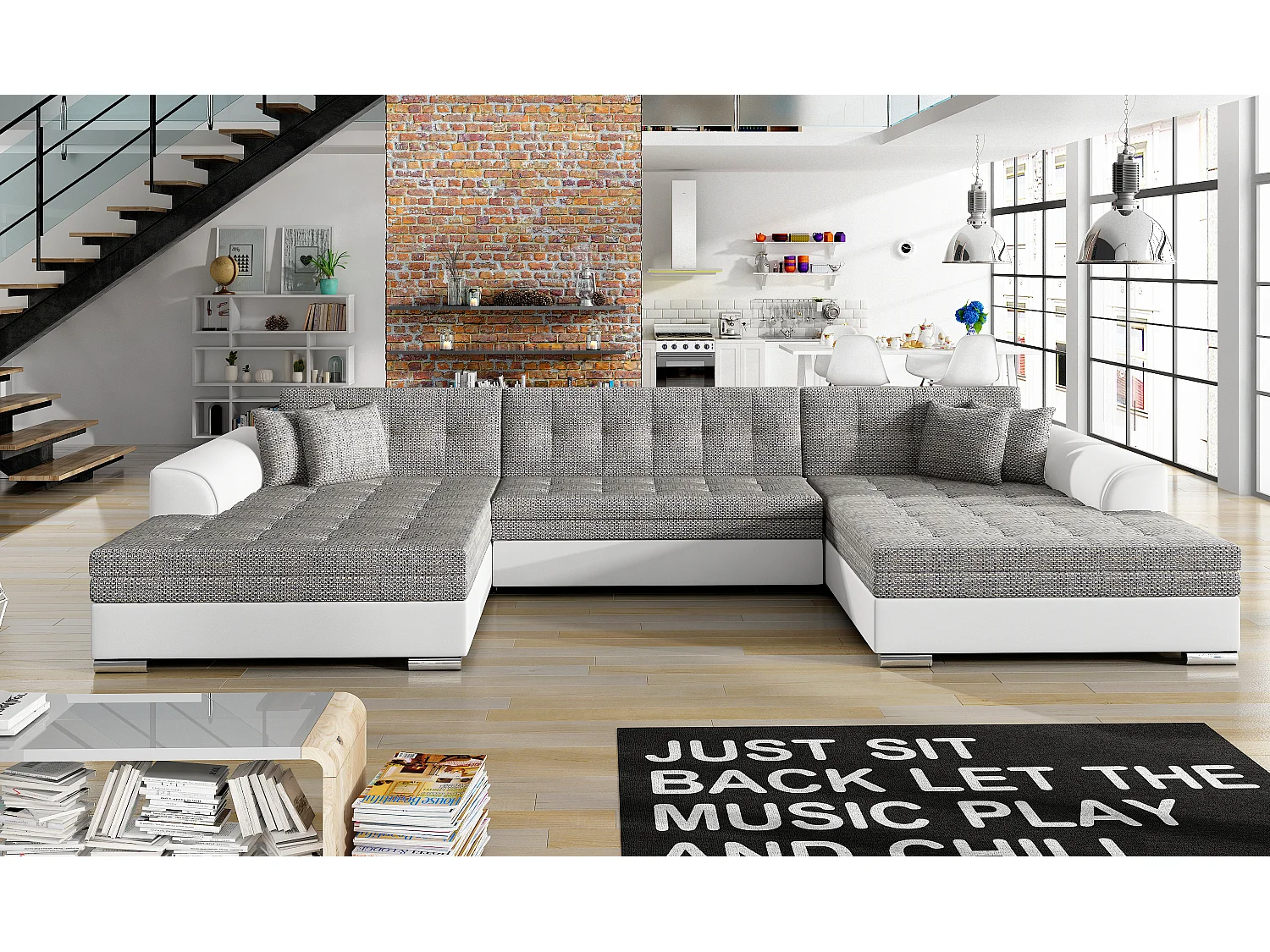 Grand canapé panoramique convertible tissu gris clair chiné et simili cuir blanc Vira 359cm