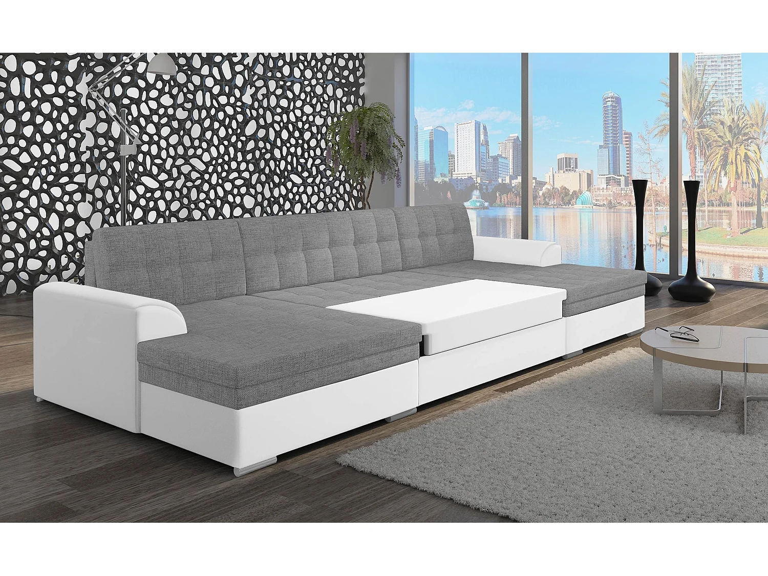 Grand canapé panoramique convertible tissu gris clair chiné et simili cuir blanc Vira 359cm