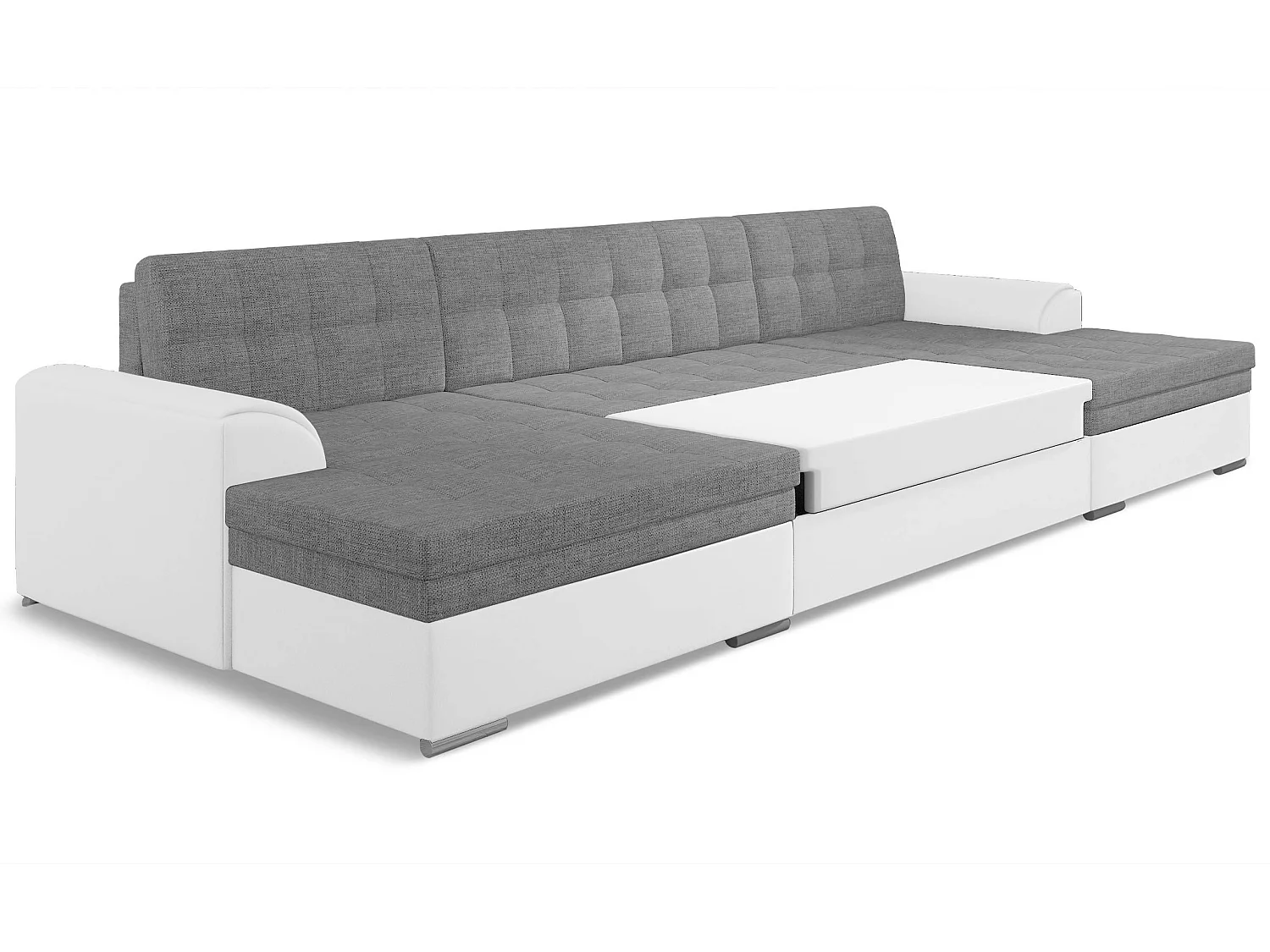 Grand canapé panoramique convertible tissu gris clair chiné et simili cuir blanc Vira 359cm
