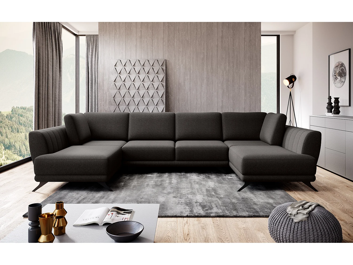 Canapé d'angle panoramique 6 places tissu chocolat Largos 362cm