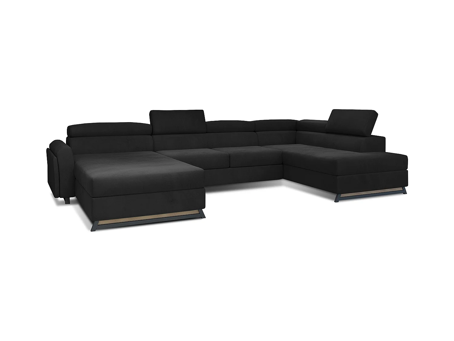 Grand canapé panoramique convertible velours noir avec coffre Konba 370cm-Coffre de rangement à droite