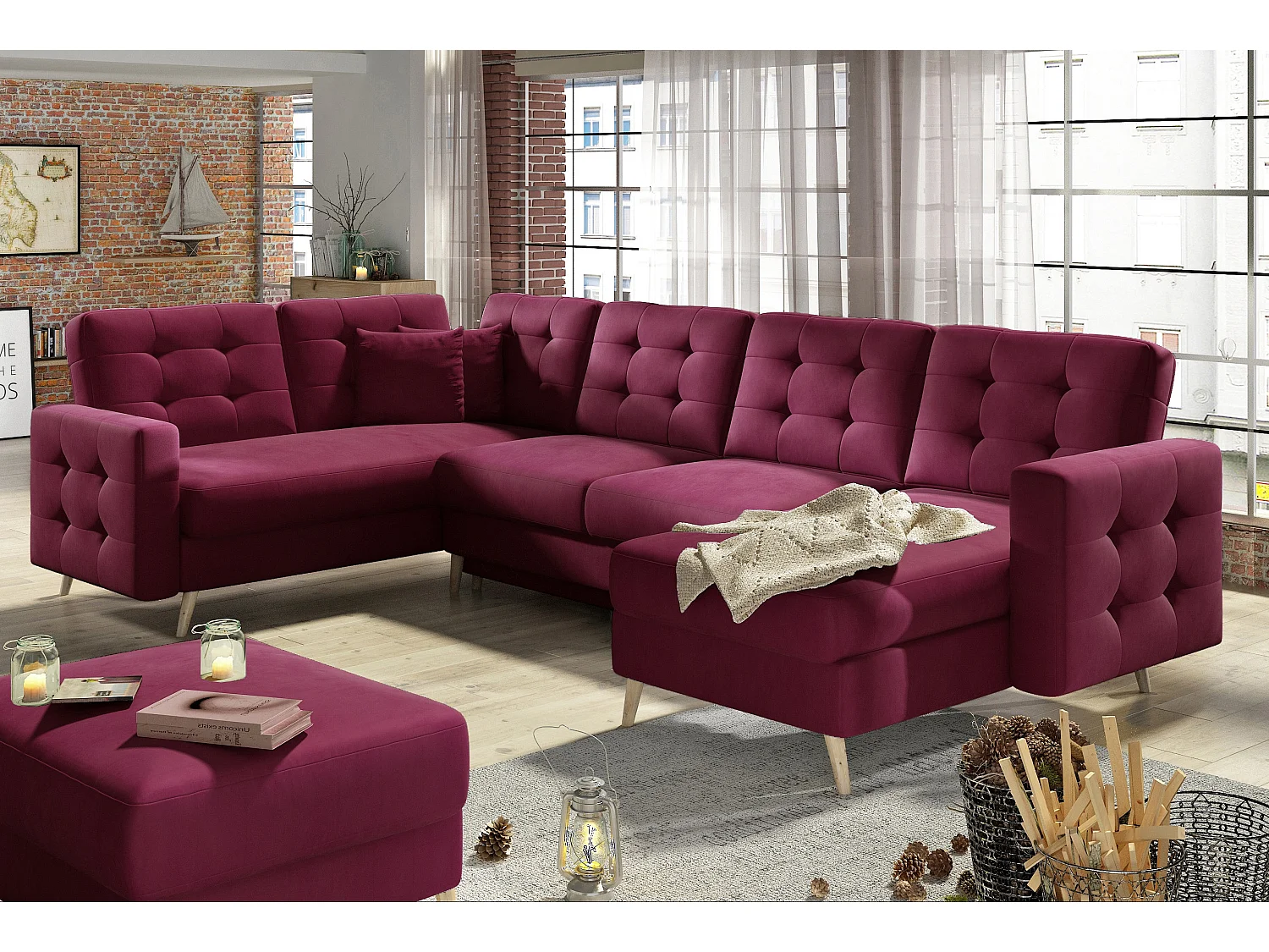 Canapé panoramique convertible capitonné velours bordeaux Anska 320cm