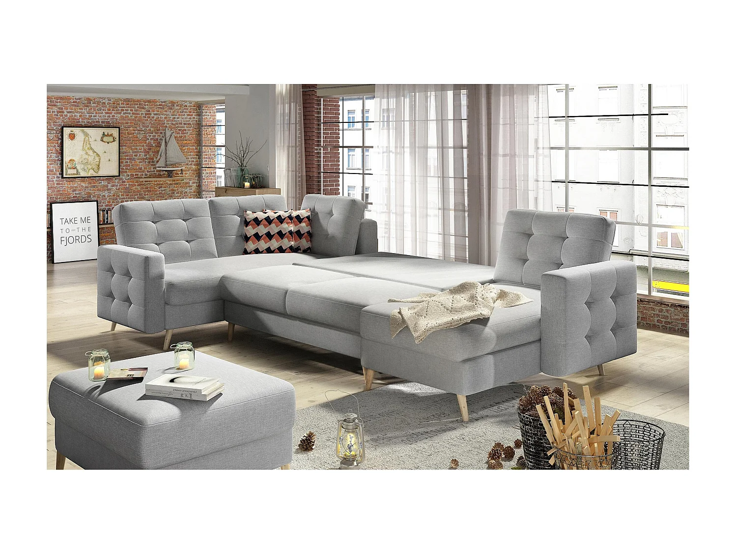 Canapé panoramique convertible capitonné velours bordeaux Anska 320cm