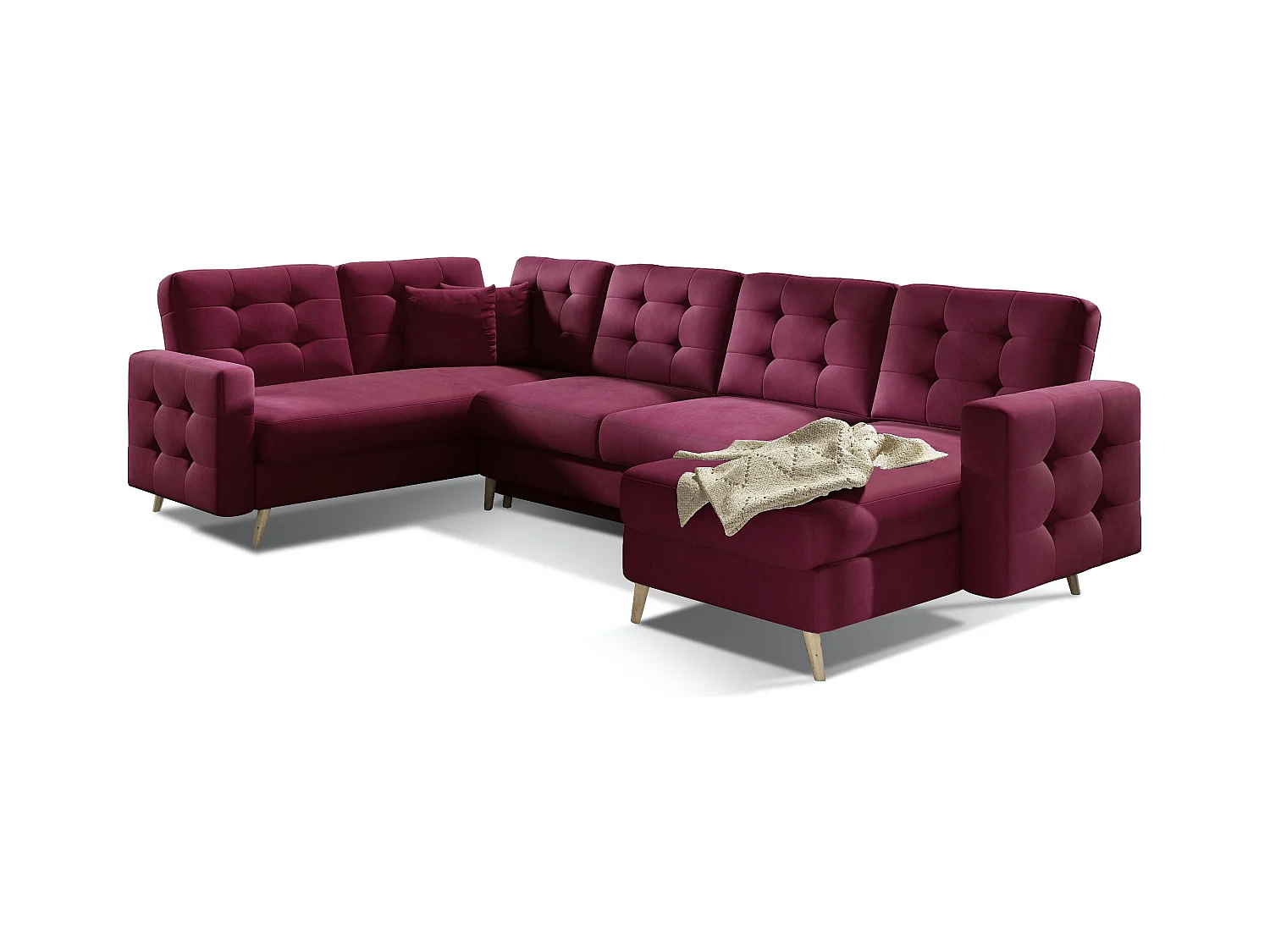 Canapé panoramique convertible capitonné velours bordeaux Anska 320cm