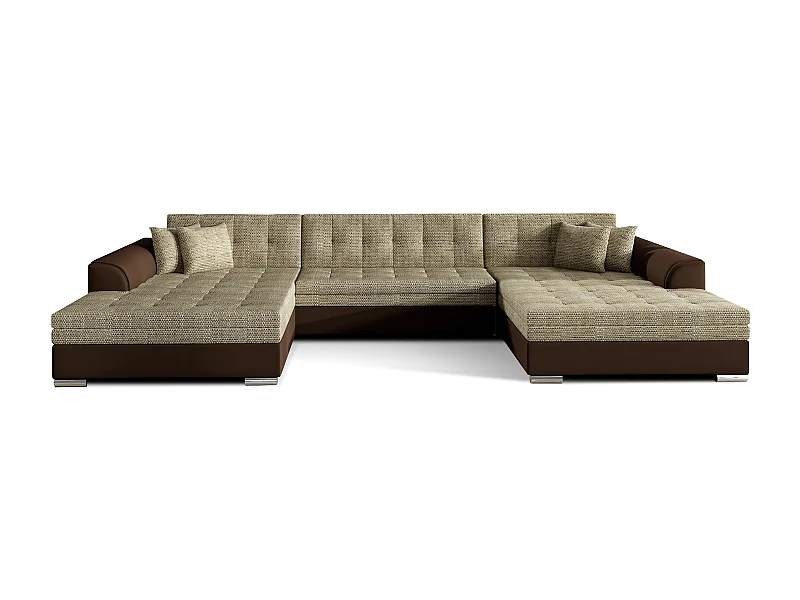 Grand canapé panoramique convertible tissu beige clair chiné et simili cuir marron Vira 359cm