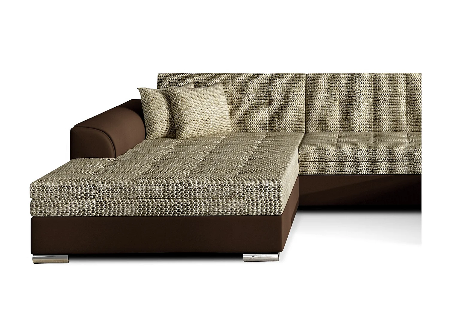 Grand canapé panoramique convertible tissu beige clair chiné et simili cuir marron Vira 359cm