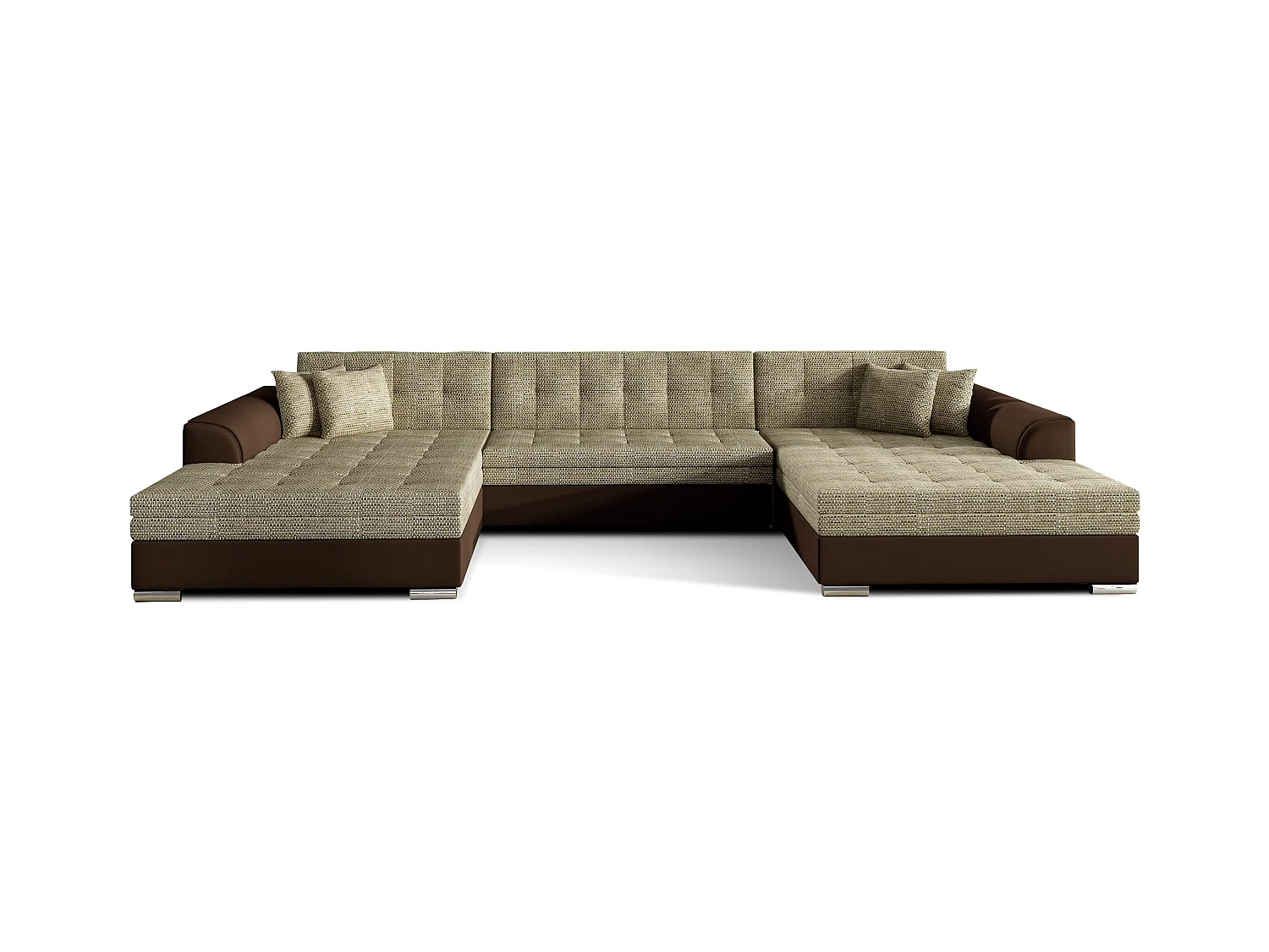 Grand canapé panoramique convertible tissu beige clair chiné et simili cuir marron Vira 359cm