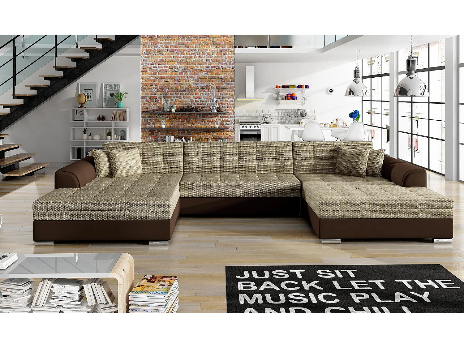 Grand canapé panoramique convertible tissu beige clair chiné et simili cuir marron Vira 359cm