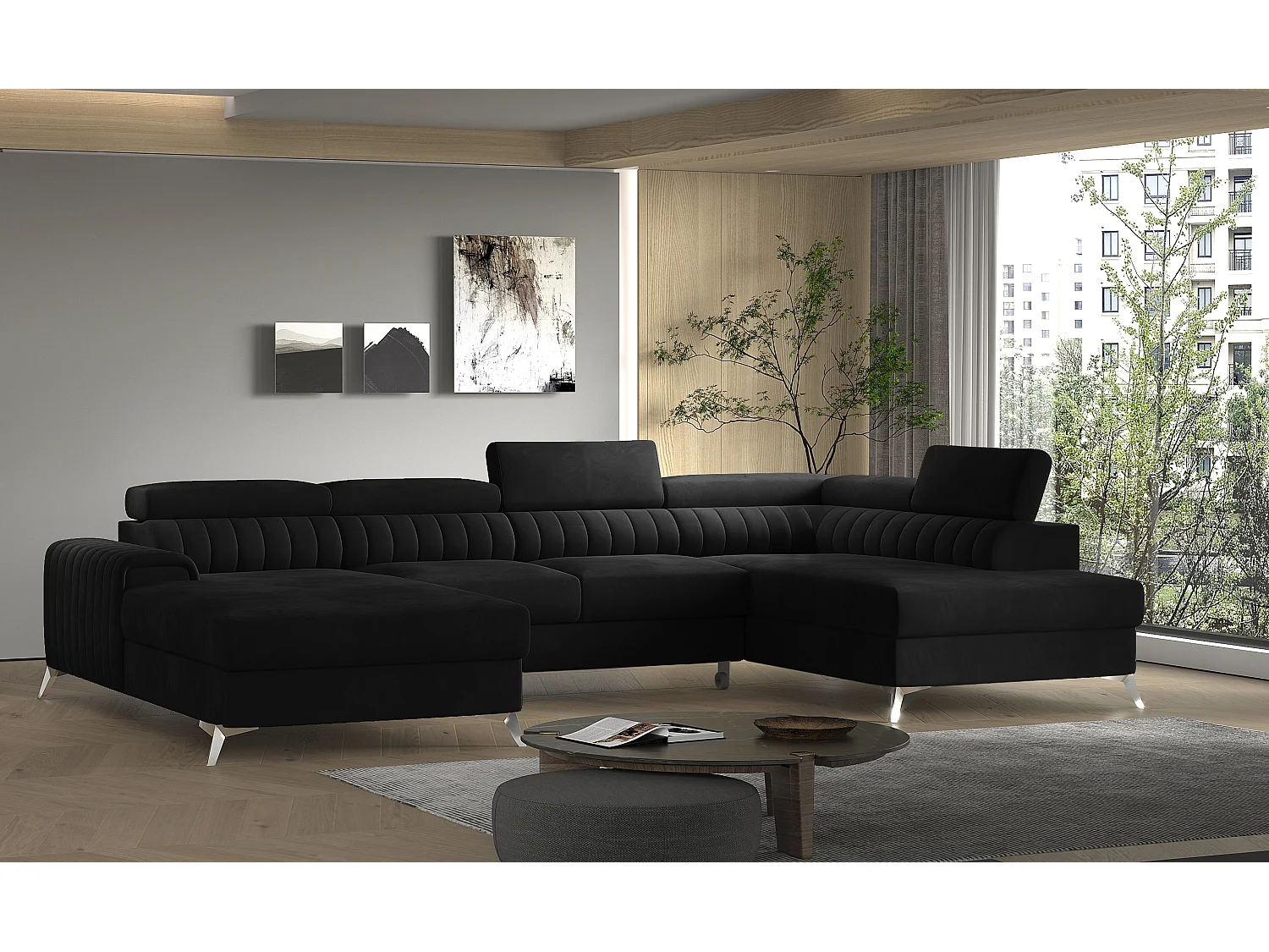 Canapé d'angle U velours noir coffre de rangement à droite Kalante 347cm